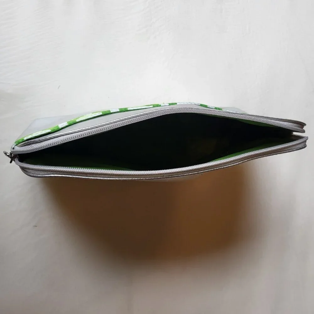 Clinique Makeup Cosmetic Bag Logo Zip Case Travel Pouch Silver Green